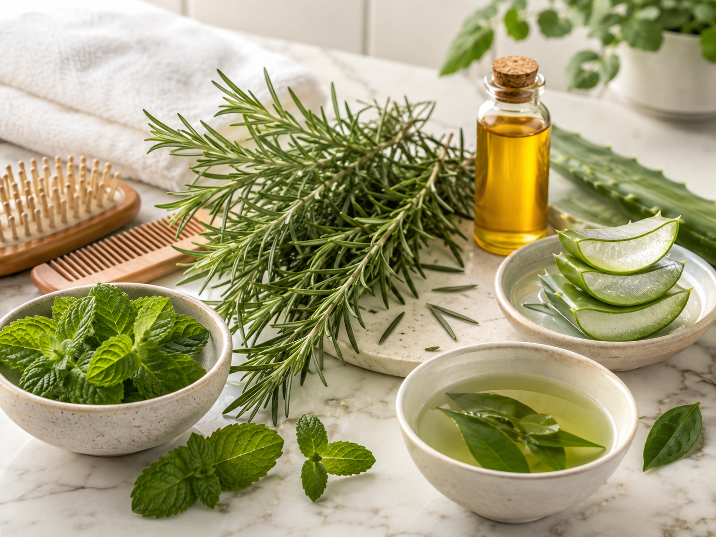 رزماری در کنار نعناع، روغن ارگان، چای سبز و آلوئه ورا